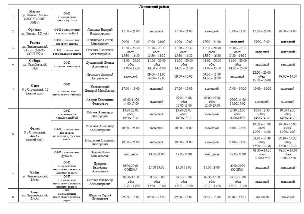 Расписание работы клубов по месту жительства