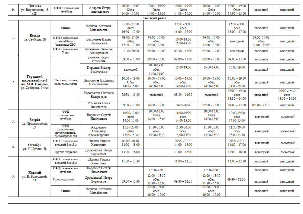 Расписание работы клубов по месту жительства