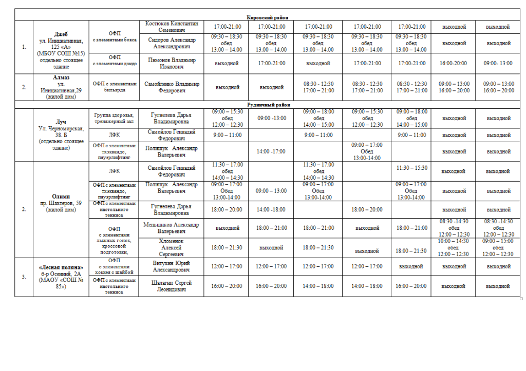 Расписание работы клубов по месту жительства
