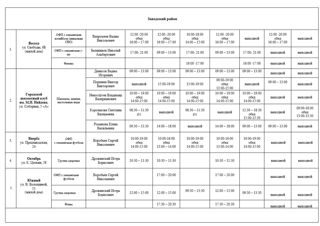 Расписание работы клубов по месту жительства